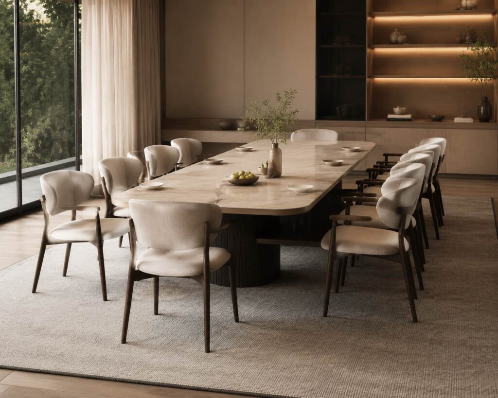High-end long dining table with upholstered chairs.