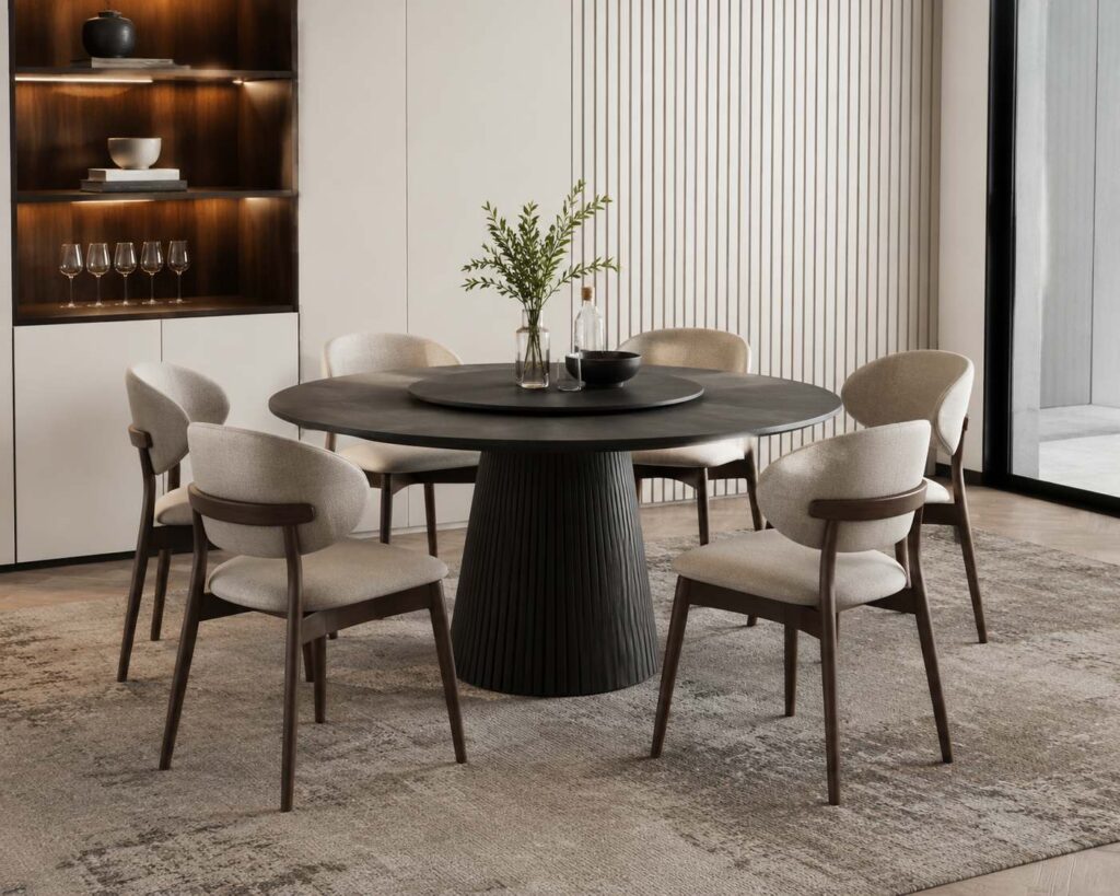 Modern round dining table with six beige chairs.